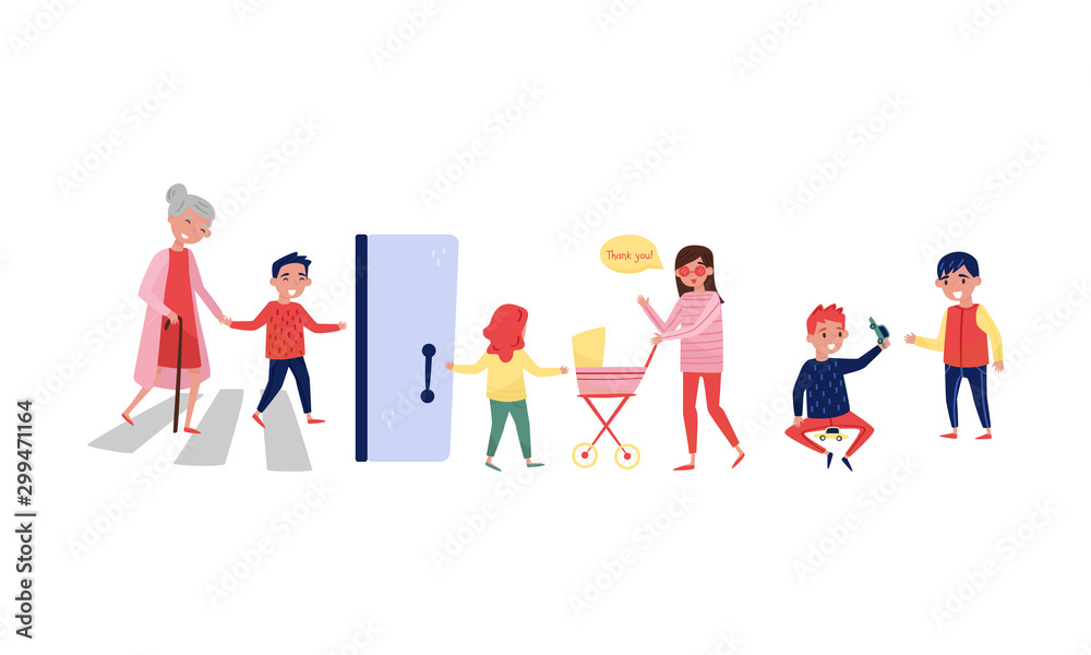 Children help adults cross the road and hold the door. Vector illustration. Children help adults cross the road and hold the door. Vector illustration.