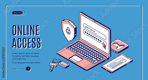 Online access isometric web banner. Login and password enter page on laptop screen, user account verification and privacy, website sign in or register form. 3d vector landing page in line art style