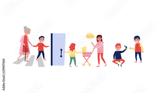 Children help adults cross the road and hold the door. Vector illustration.