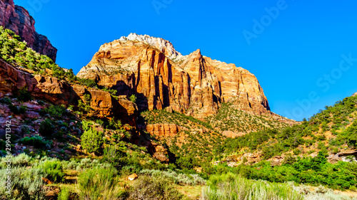 Sunset over the rugged sandstone mountains in Zion National Park in Utah, United States. Viewed from the first hairpin curve in the Zion-Mount Carmel Highway