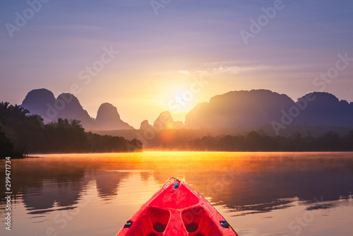 Beautiful nature scenic landscape colourful sunrise on lake Baan Nong Thale, Attraction adventure outdoor tourist kayaking travel Krabi Thailand summer holiday vacation trip, Tourism destinations Asia