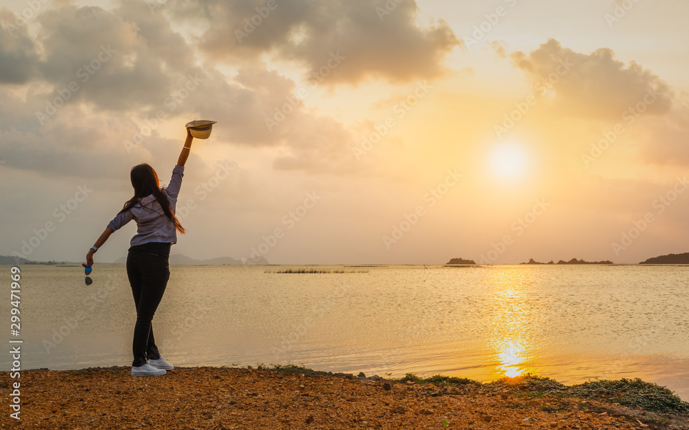 Happy summer lifestyle traveler woman joy fun scenic view of beautiful dawn sunset on lake background, Leisure tourist travel Thailand holidays outdoors vacation, Tourism destination Asia summertime