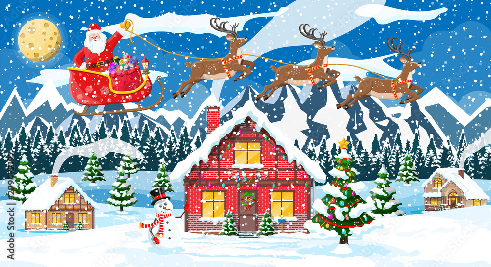 Suburban house covered snow. Building in holiday ornament. Christmas landscape tree, santa sleigh reindeers. New year decoration. Merry christmas holiday xmas celebration. Vector illustration