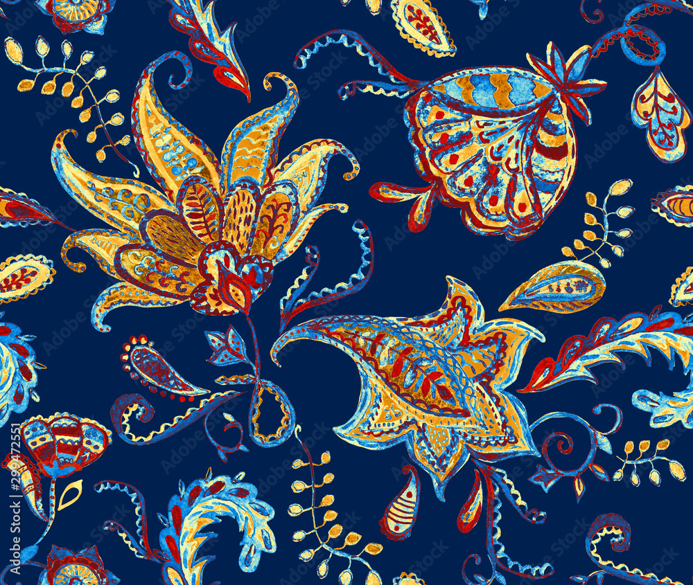 Paisley seamless hand painted water color floral pattern with beige flowers, flores, tulips. Grunge watercolor vintage oriental paisley print. Whimsical background design. Navy blue background