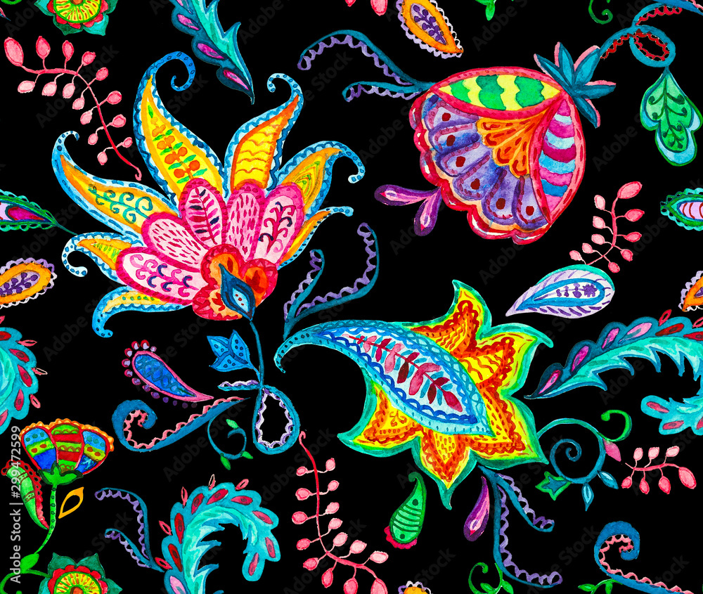 Obraz premium Paisley watercolor floral pattern tile: flowers, flores, tulips, leaves. Oriental indian traditional hand painted water color whimsical seamless print, ceramic design. Abstract india black background