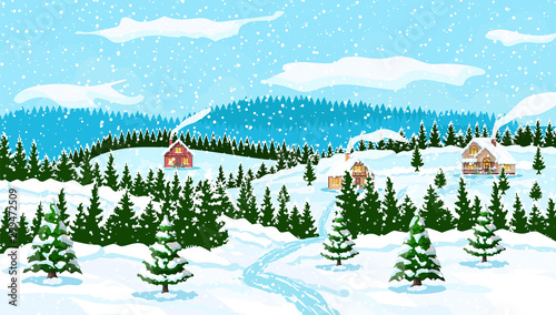 Winter christmas background. Pine tree wood and snow. Winter landscape with fir trees forest and village. Happy new year celebration. New year xmas holiday. Vector illustration flat style