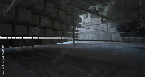 Abstract architectural concrete brown interior from an array of beige cubes with large windows. 3D illustration and rendering.