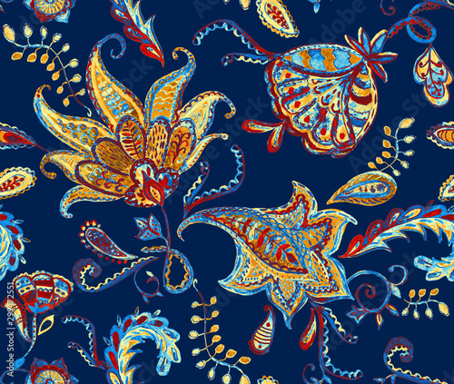 Paisley seamless hand painted water color floral pattern with beige flowers, flores, tulips. Grunge watercolor vintage oriental paisley print. Whimsical background design. Navy blue background