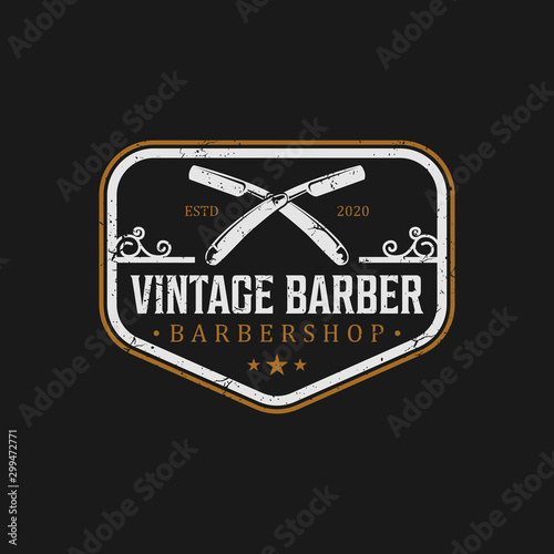 Barbershop logo with a complex design of elegant vintage details with professional scissors and razor elements, for your business and professional barbershop label with quality services.