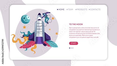 To Moon expedition spaceship and spaceman in pressure suit web page template