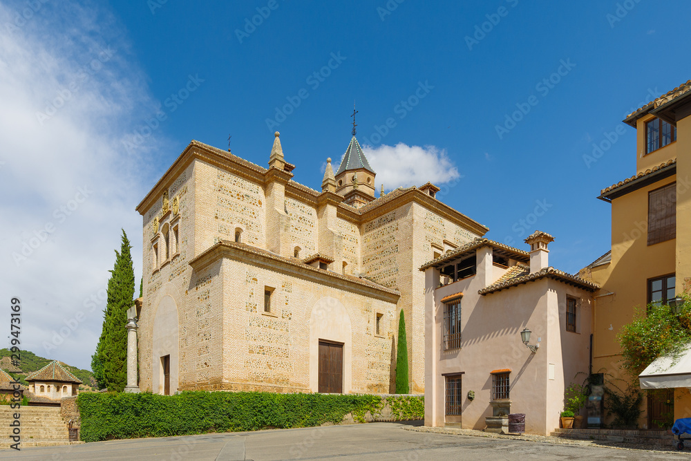 Fototapeta premium Church of Santa Maria de Alhambra next to the palace of Carlos V. Granada, Spain, Andalusia