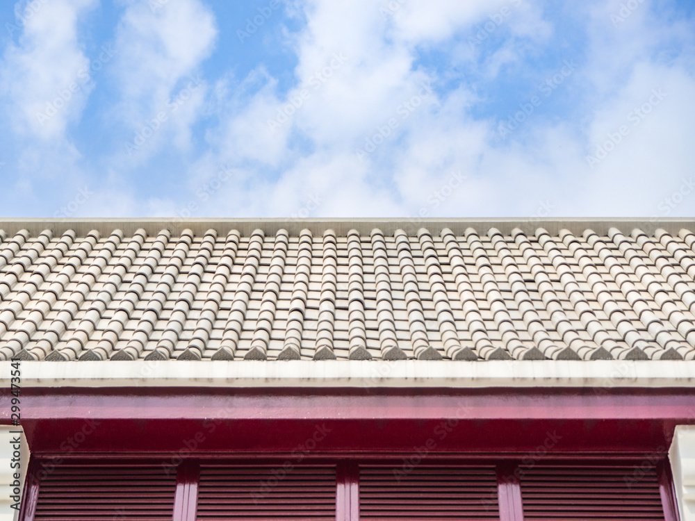 Tiles roof in Thai temple with blue sky