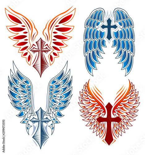 Cross and Wings vector set, Heraldry Tattoo Style elements.