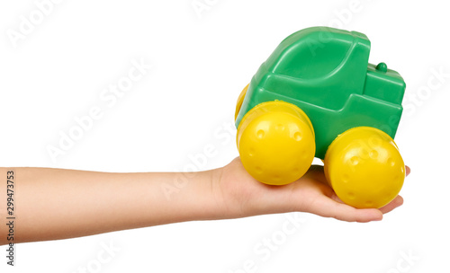 Plastic green toy car with big yellow wheels.