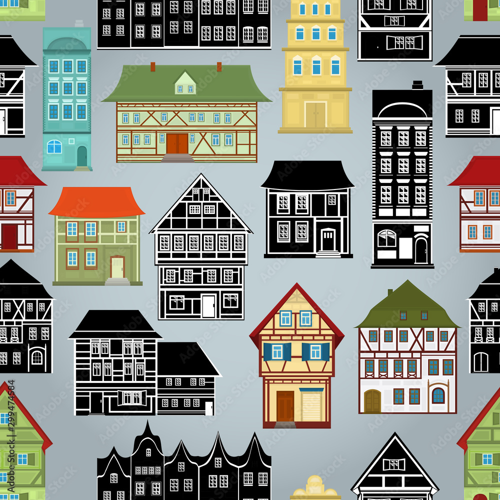 Seamless vector pattern with European traditional architecture and black and white houses on a light blue background.