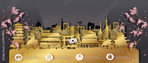 South Korea Seoul with Gold on map Travel postcard , poster, tour advertising of world famous landmarks in paper cut style.