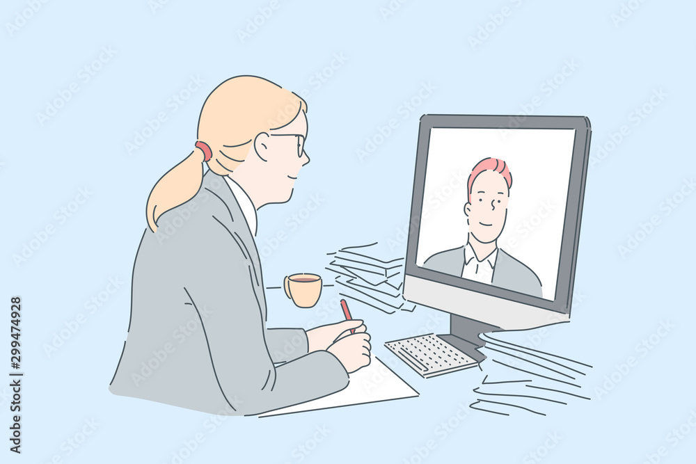 Woman making video call concept. Office worker communicating with business partner online, using modern communication technologies at work, watching internet educational course. Simple flat vector Woman making video call concept. Office worker communicating with business partner online, using modern communication technologies at work, watching internet educational course. Simple flat vector