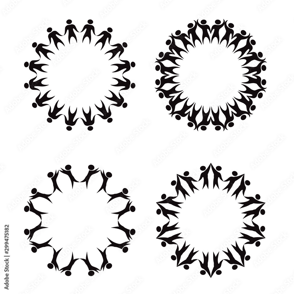 Set of circle frame of simple black silhouettes of rejoicing and dancing people. The object is separate from the background. Vector round template for infographics, cards, banners and your design.