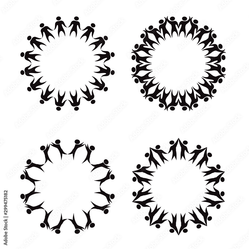 Set of circle frame of simple black silhouettes of rejoicing and dancing people. The object is separate from the background. Vector round template for infographics, cards, banners and your design. Set of circle frame of simple black silhouettes of rejoicing and dancing people. The object is separate from the background. Vector round template for infographics, cards, banners and your design.