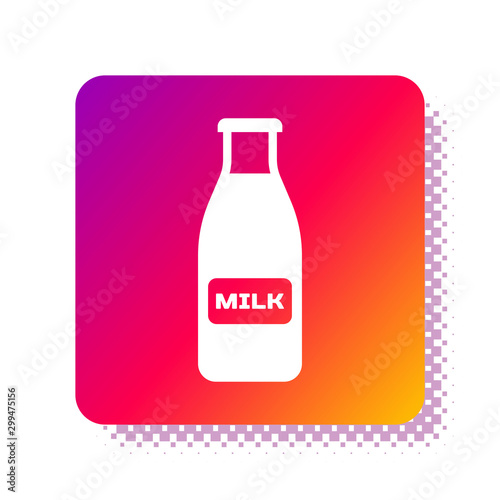 White Closed glass bottle with milk and cap icon isolated on white background. Square color button. Vector Illustration