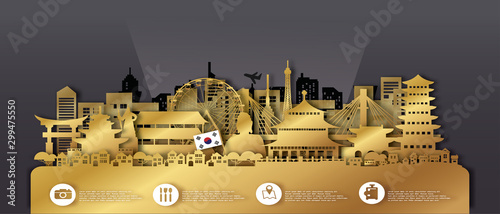 South Korea Seoul with Gold on map Travel postcard , poster, tour advertising of world famous landmarks in paper cut style.