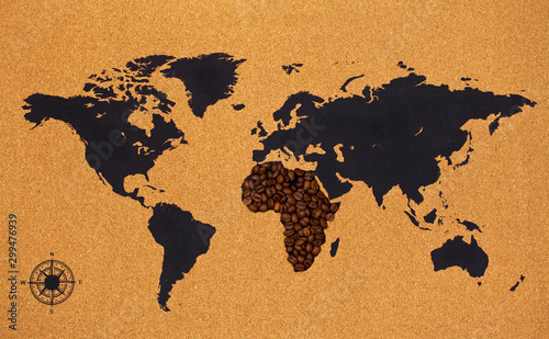 Africa continent made of coffee beans on world map. Top view.