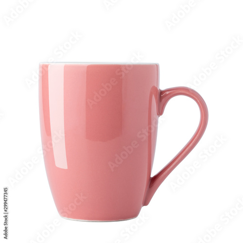 Empty pink coffee cup isolated on white background, front view with clipping path.