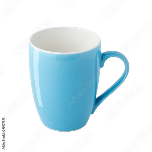 Empty blue coffee cup isolated on white background, front view with clipping path.