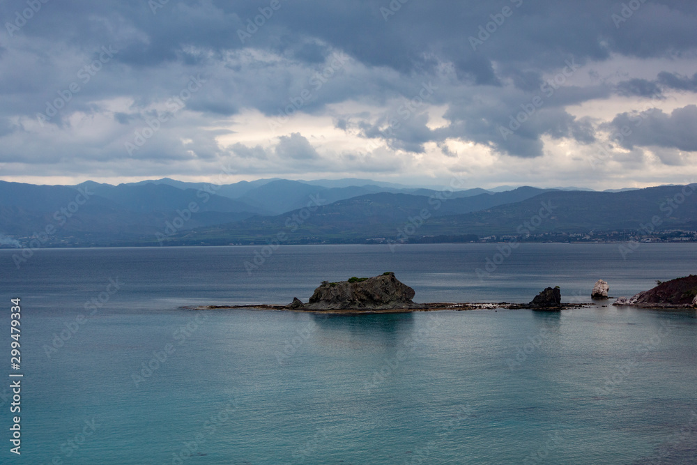 Beautiful view of Chrysochou Bay with small island, Cyprus.