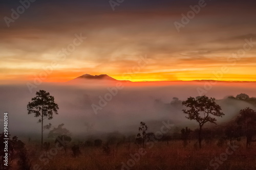 Mountain view morning of peak mountain on meadow grass field around with the ocean of mist with red sun light in cloudy sky background, sunrise at Thung Salang Luang, Khao Kho, Phetchabun, Thailand.