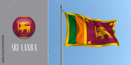 Sri Lanka waving flag on flagpole and round icon vector illustration