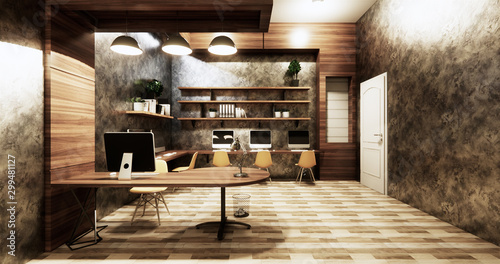 Office studio loft style interior design concrete wall gray glossy on wooden tiles.3D rendering