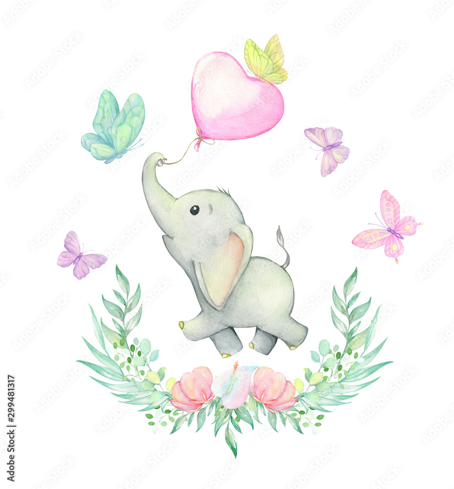 Elephant watercolor drawing. Cute baby elephant is running, surrounded by beautiful butterflies, and tropical plants and flowers. Set on isolated background. For children's cards and invitations.