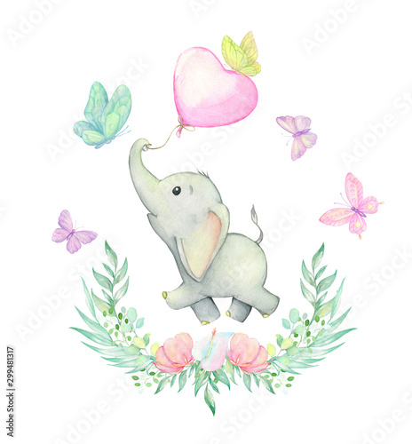 Elephant watercolor drawing. Cute baby elephant is running, surrounded by beautiful butterflies, and tropical plants and flowers. Set on isolated background. For children's cards and invitations. © Natalia