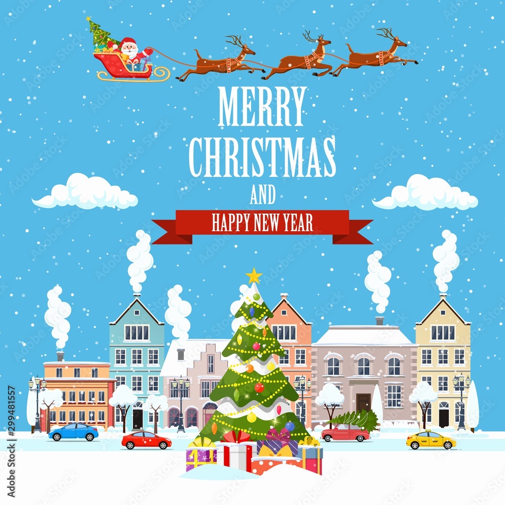 Santa Claus with deers in sky above the town. Winter old town street. Merry Christmas and Happy New Year greeting card. Vector illustration in flat style