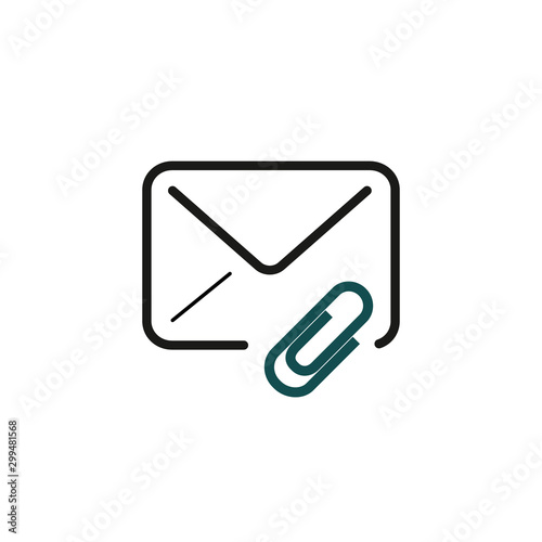 Mail Attachement. Envelope with office paper clip. Stock Vector illustration isolated on white background.