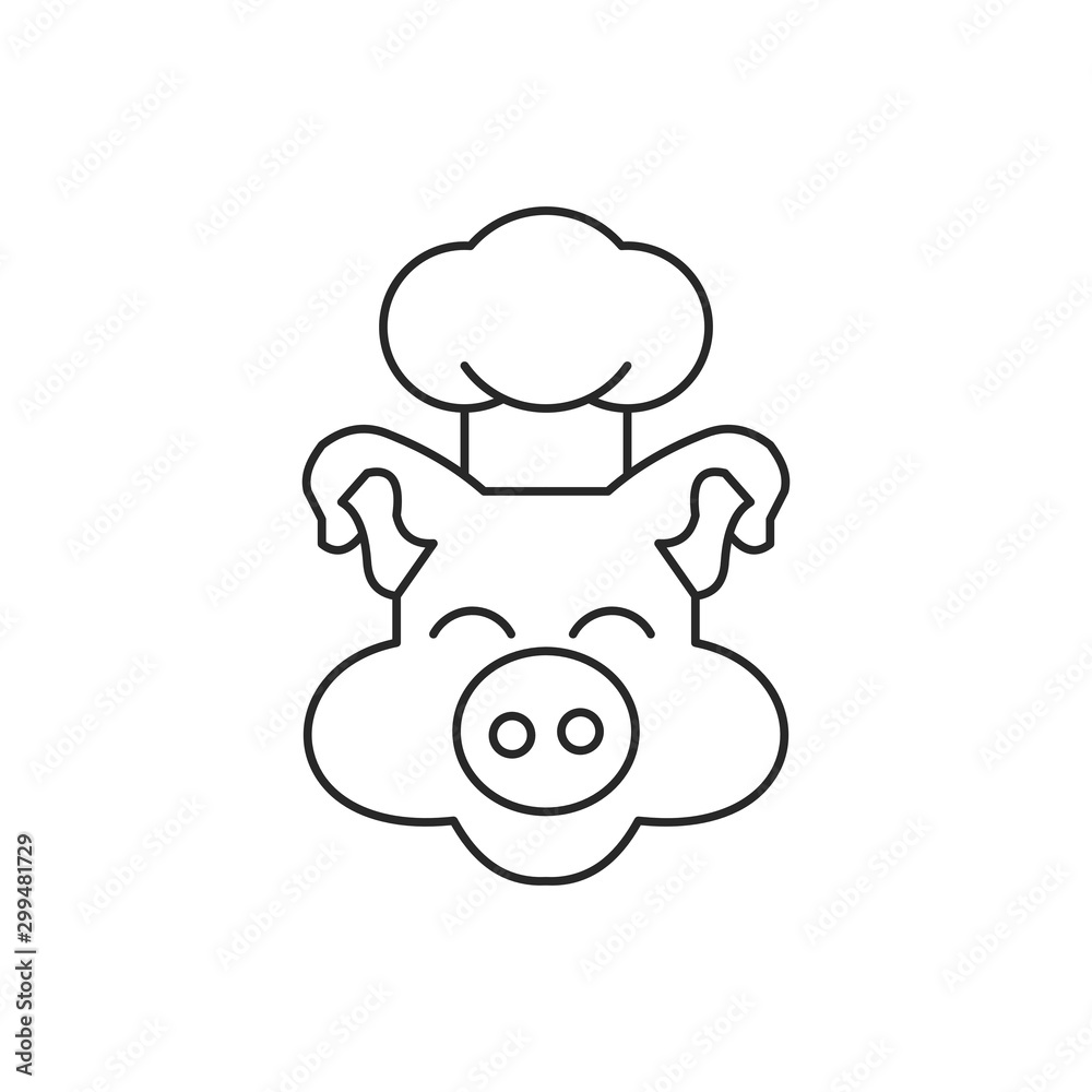 Pig chef icon. Outline thin line flat illustration. Isolated on white background. 