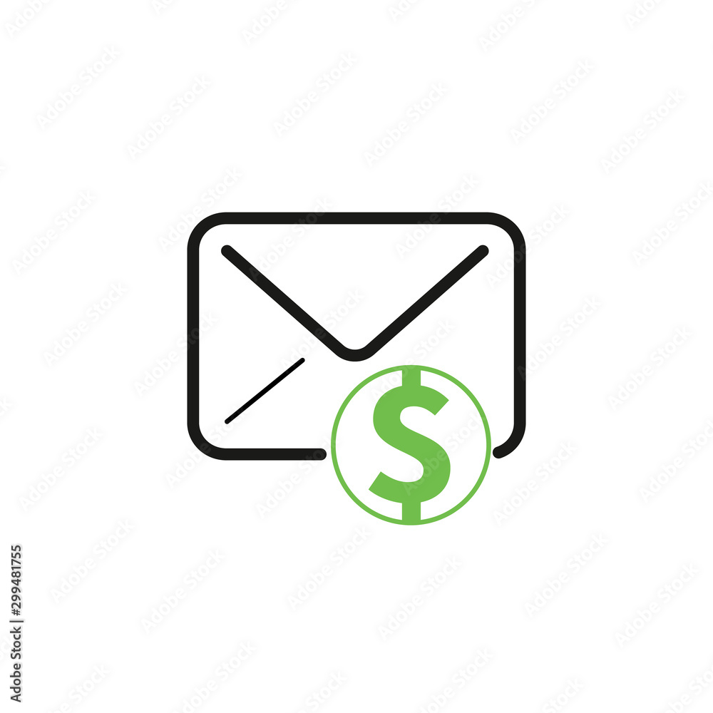 Envelope with a dollar sign, send money concept. Stock Vector illustration isolated on white background. Envelope with a dollar sign, send money concept. Stock Vector illustration isolated on white background.