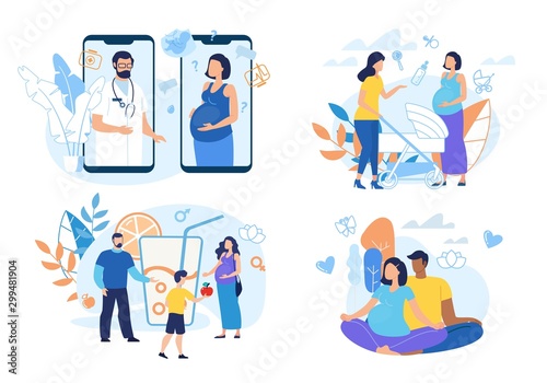 Healthy Pregnancy Trendy Flat Vector Concepts Set