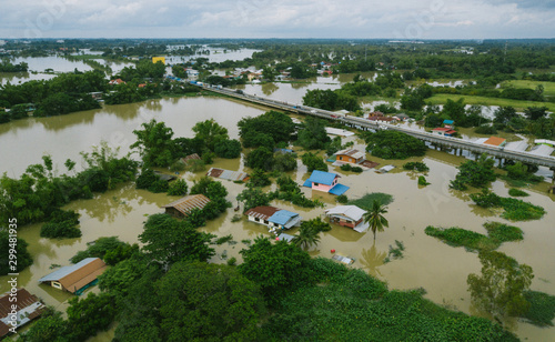 High-angle view of the Great Flood, Meng District, Ubon Ratchathani Province, Thailand, on September 10, 2019, is a photograph from real flooding. With a slight color adjustment