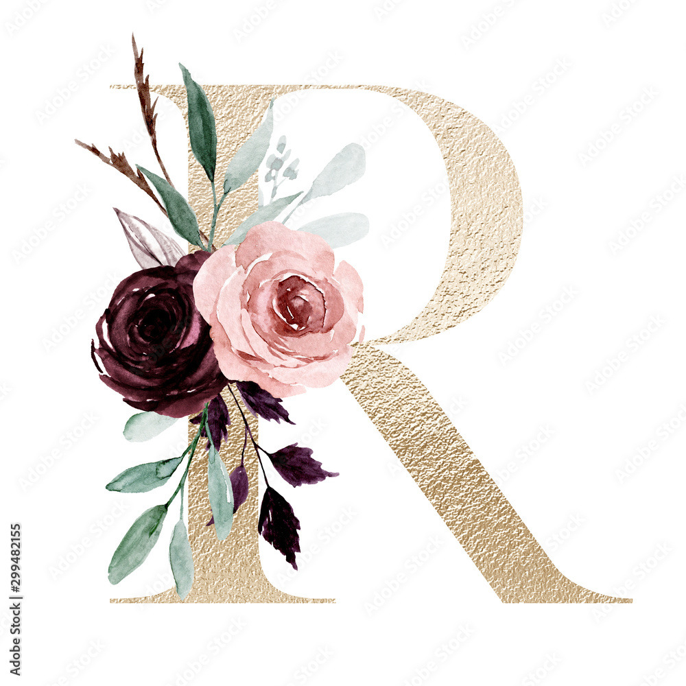 Floral alphabet, letter R with watercolor flowers and leaf. Gold