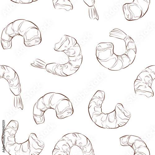 Seamless vector pattern of hand drawn shrimp on a white background. Realistic illustration.