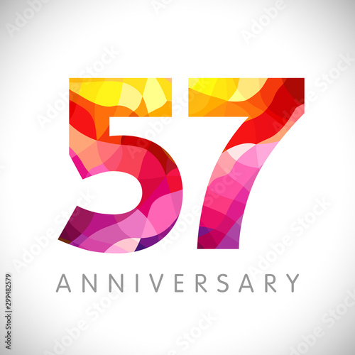 57 th anniversary numbers. 57 years old yellow coloured logotype. Age congrats, congratulation idea. Isolated abstract graphic design template. Creative 5, 7 3D digits. Up to 57% percent off discount.