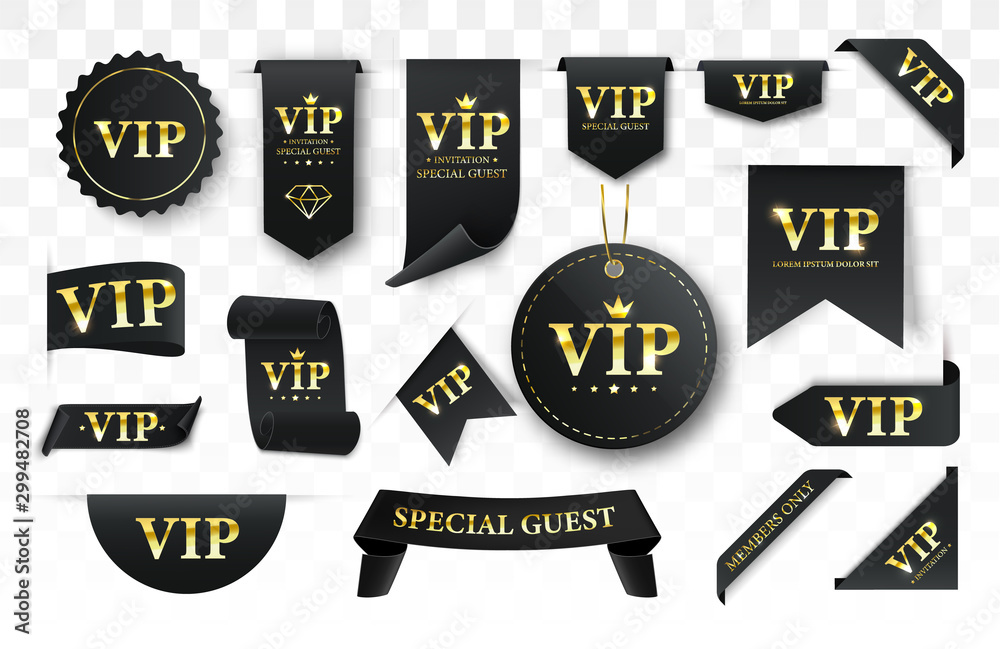 Vip label, badge or tag. Vector black banner with gold vip text. Vector illustration