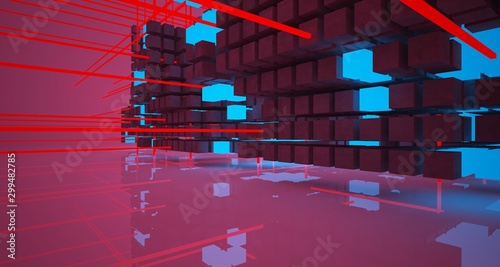 Abstract architectural white interior from an array of concrete cubes with color gradient neon lighting. 3D illustration and rendering.