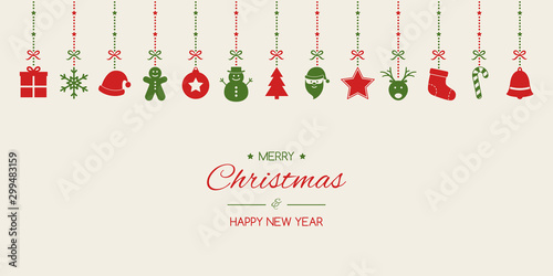 Minimalist Christmas background with hanging ornaments and wishes. Xmas greeting card. Vector