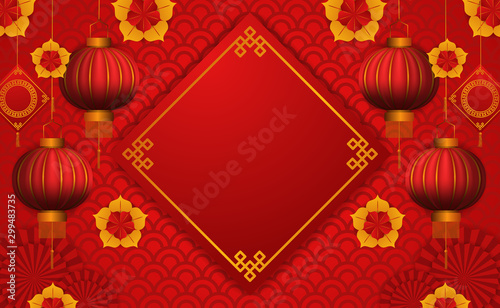 chinese new year. hanging red lantern. flower ornament papercut