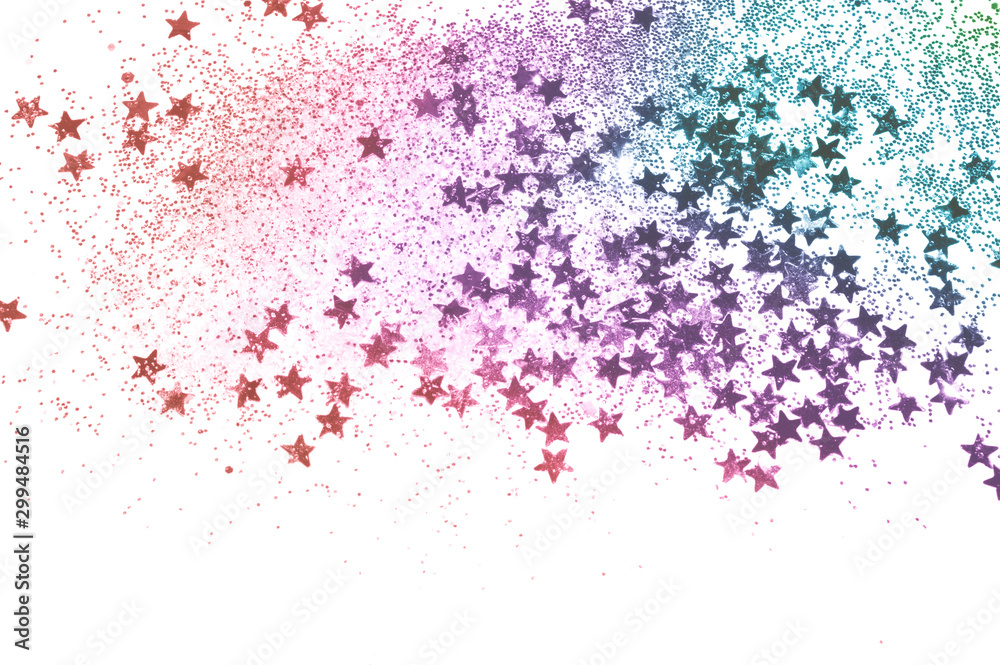 Blurry background with blue and pink glitter and glittering stars sparkle on white