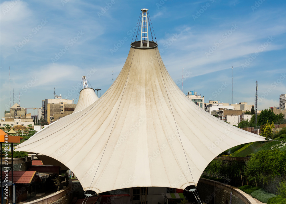 single-cone tensile fabric canopy in park, Tehran, Iran
