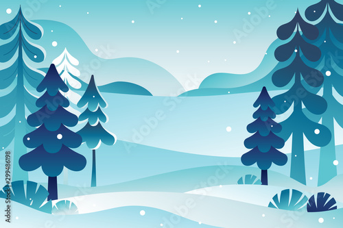 Winter landscape vector illustration with copy space for text - new year and Christmas holiday greeting card or banner design template - natural scene with trees and mountains